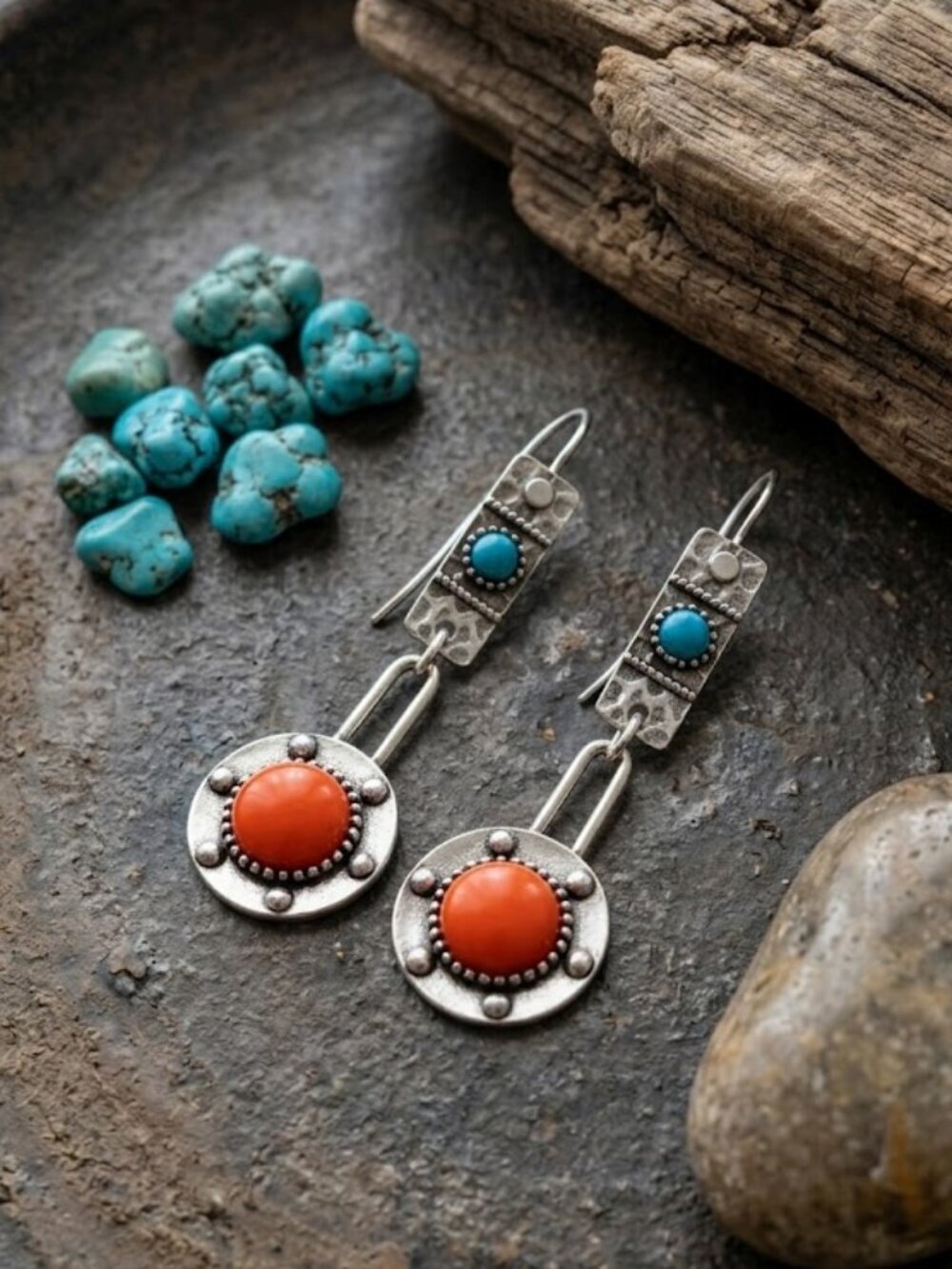 Oxidized Silver Boho Drop Earrings Orange Turquoise Southwestern Santa Fe 2.4"